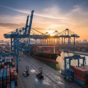 Wide view of a busy port terminal with cranes and ships representing global supply chain visibility for shipping at sunset.