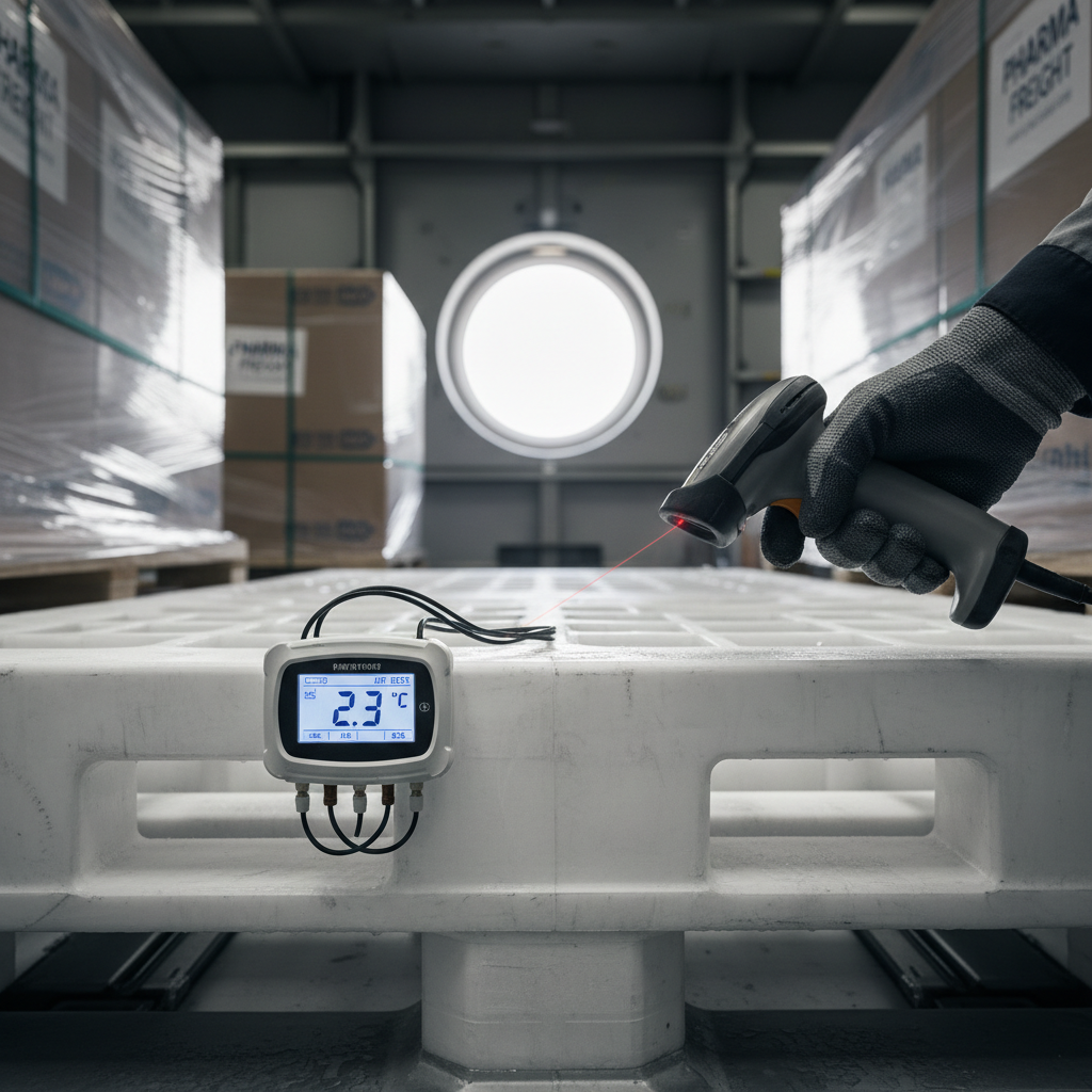 Close up of a digital sensor and technician ensuring temperature monitoring for air freight on a shipment of medicines.