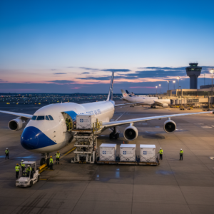 Cargo plane loading thermal containers on a tarmac illustrating temperature monitoring for air freight at a global airport.
