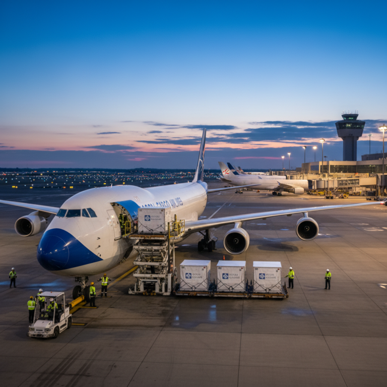 Cargo plane loading thermal containers on a tarmac illustrating temperature monitoring for air freight at a global airport.