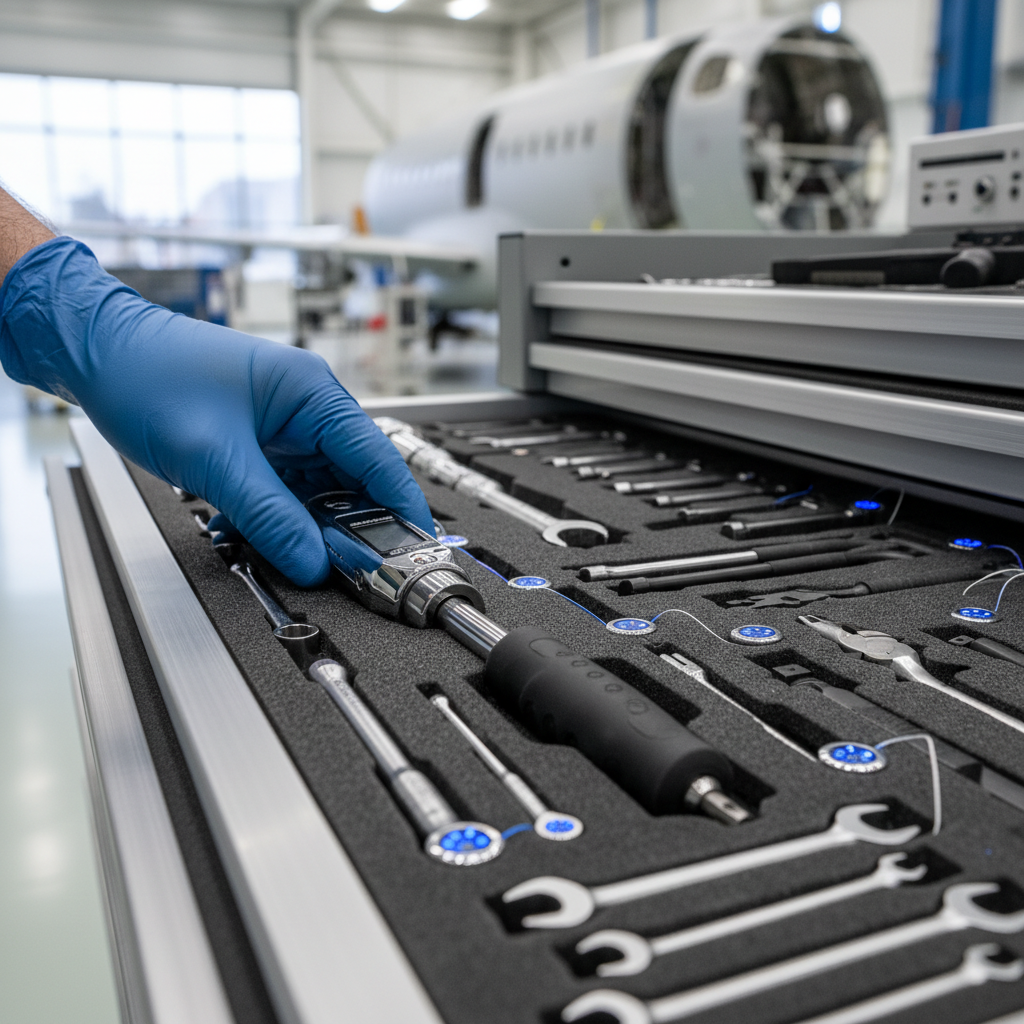 Close up of a gloved hand picking a wrench from a precise foam insert for tool control in aerospace manufacturing.
