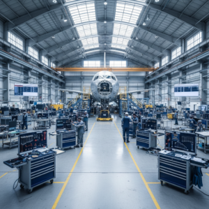 Wide view of a bright aircraft assembly plant showing technicians and organized equipment for tool control in aerospace manufacturing.