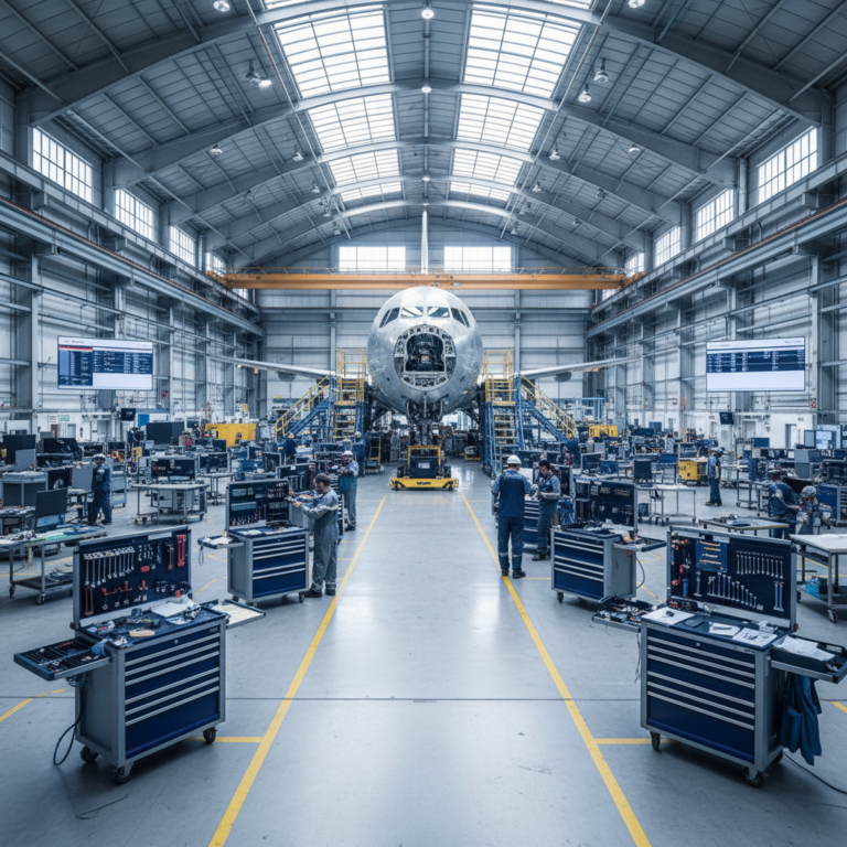 Wide view of a bright aircraft assembly plant showing technicians and organized equipment for tool control in aerospace manufacturing.