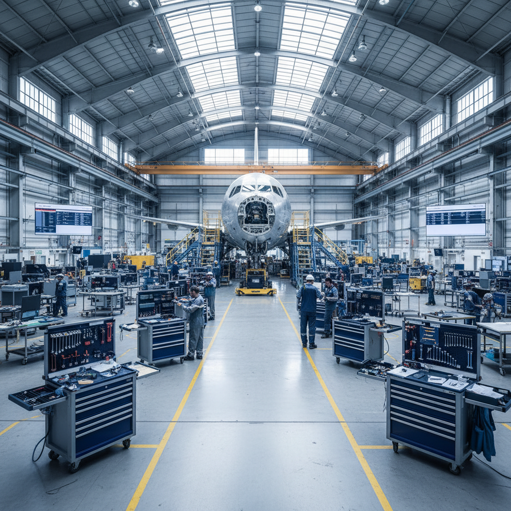 Wide view of a bright aircraft assembly plant showing technicians and organized equipment for tool control in aerospace manufacturing.