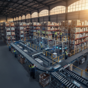 Wide view of a large industrial warehouse evaluating the total cost of ownership of asset tracking in logistics.