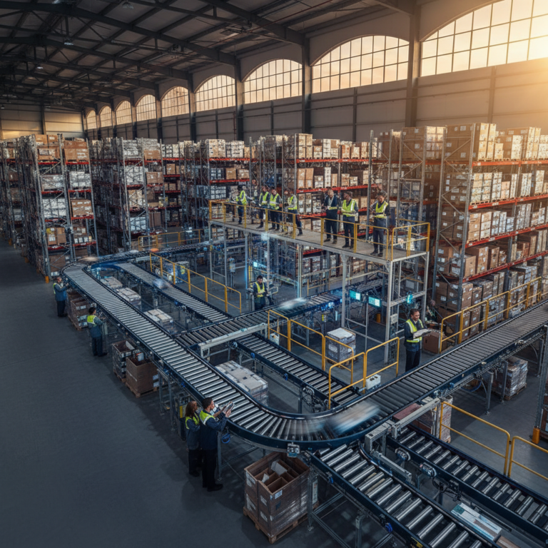 Wide view of a large industrial warehouse evaluating the total cost of ownership of asset tracking in logistics.