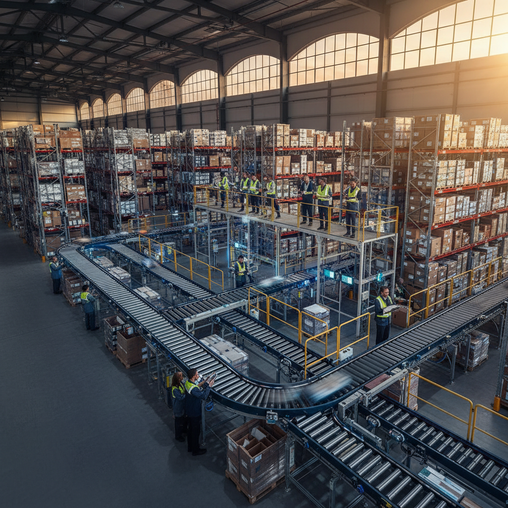 Wide view of a large industrial warehouse evaluating the total cost of ownership of asset tracking in logistics.