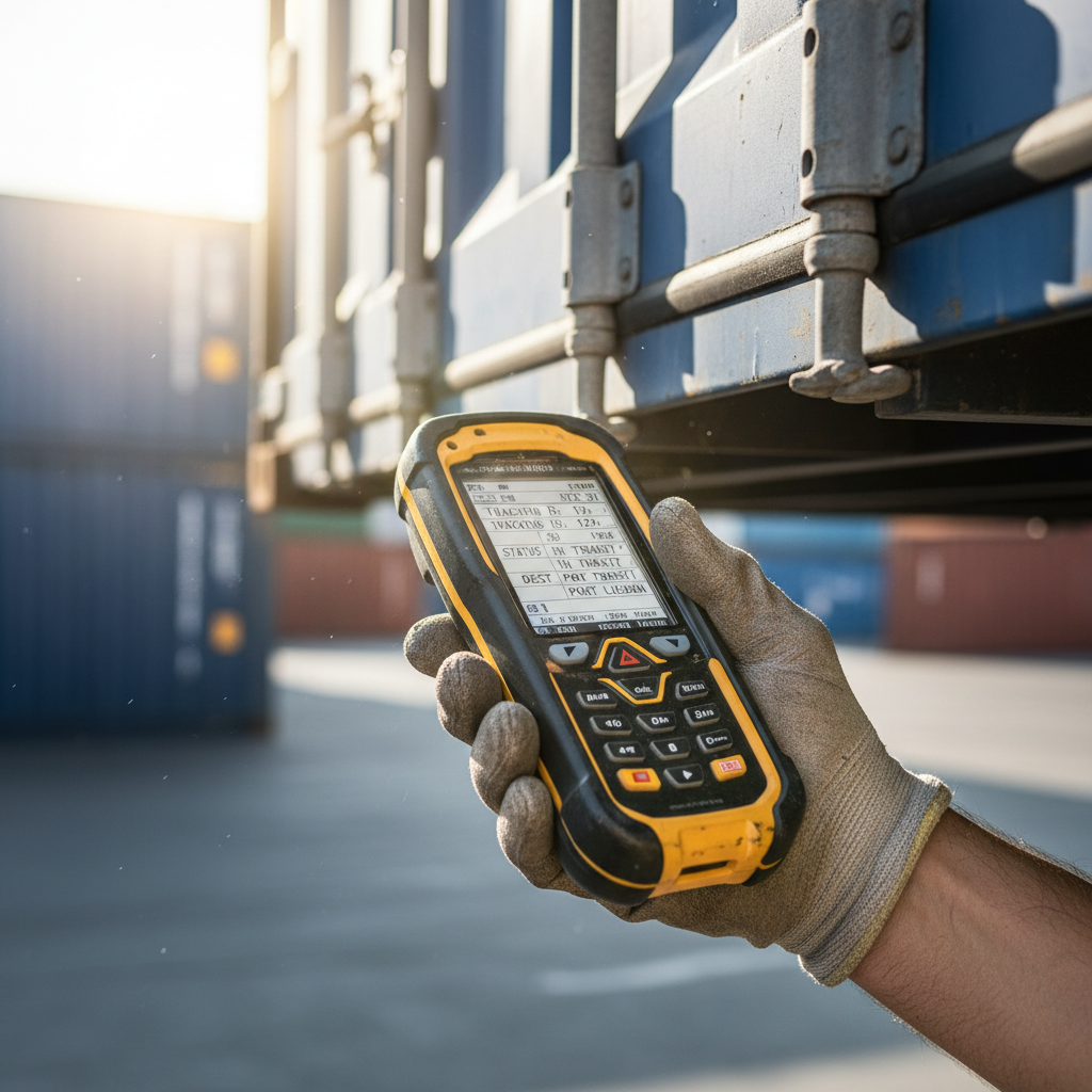 Close up of a handheld scanner scanning a shipping container barcode to track cargo worldwide in a professional warehouse.