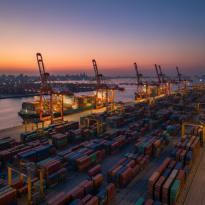 Wide angle view of a busy cargo port at sunset showing global logistics infrastructure to track cargo worldwide efficiently.