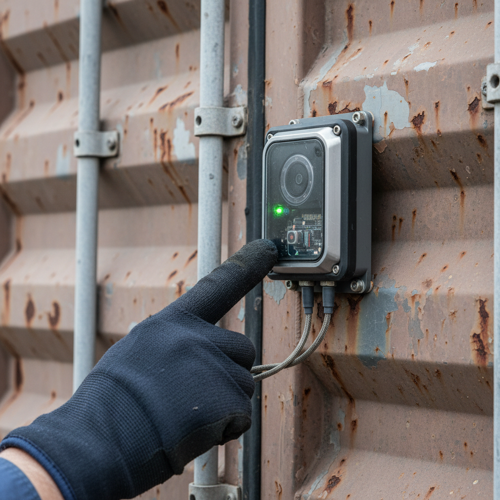 Extreme close up of a rugged digital sensor attached to steel machinery for tracking offshore equipment in detail.