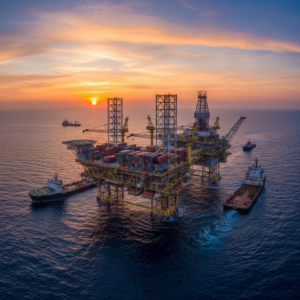 Aerial wide shot of a massive oil rig at sea used for testing and tracking offshore equipment against the horizon.