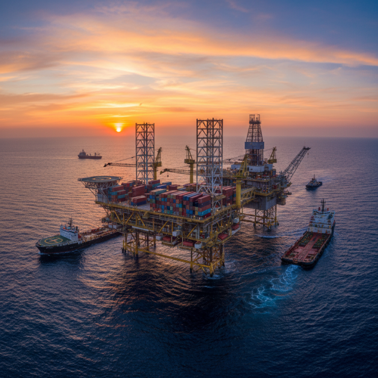 Aerial wide shot of a massive oil rig at sea used for testing and tracking offshore equipment against the horizon.