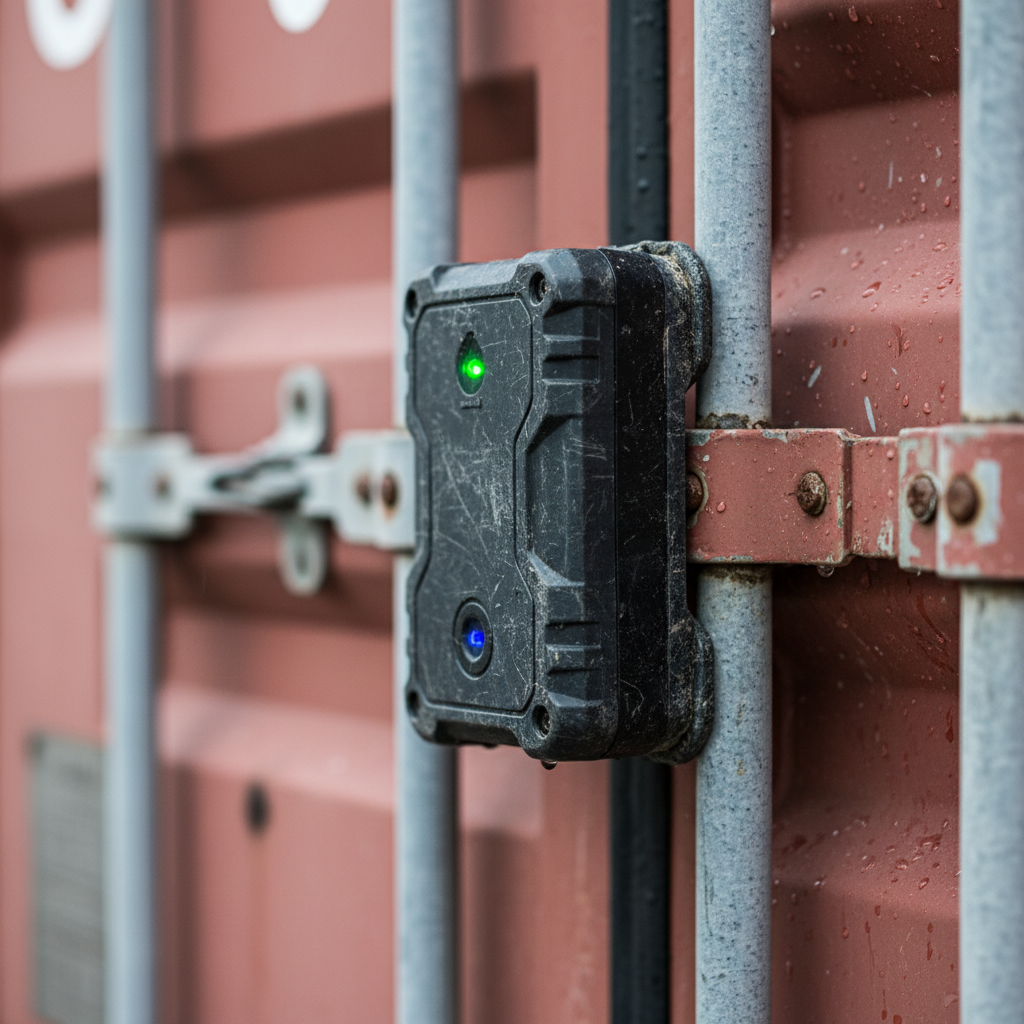 Close up of a digital sensor on a metal bin for tracking shipping containers globally in a logistics warehouse.