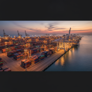 Wide view of a busy cargo port at sunset shows the massive scale of tracking shipping containers globally by sea.