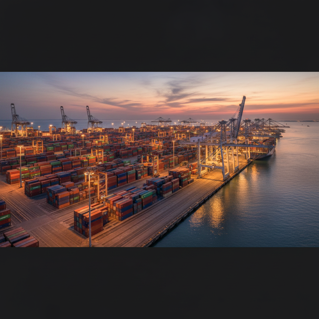 Wide view of a busy cargo port at sunset shows the massive scale of tracking shipping containers globally by sea.