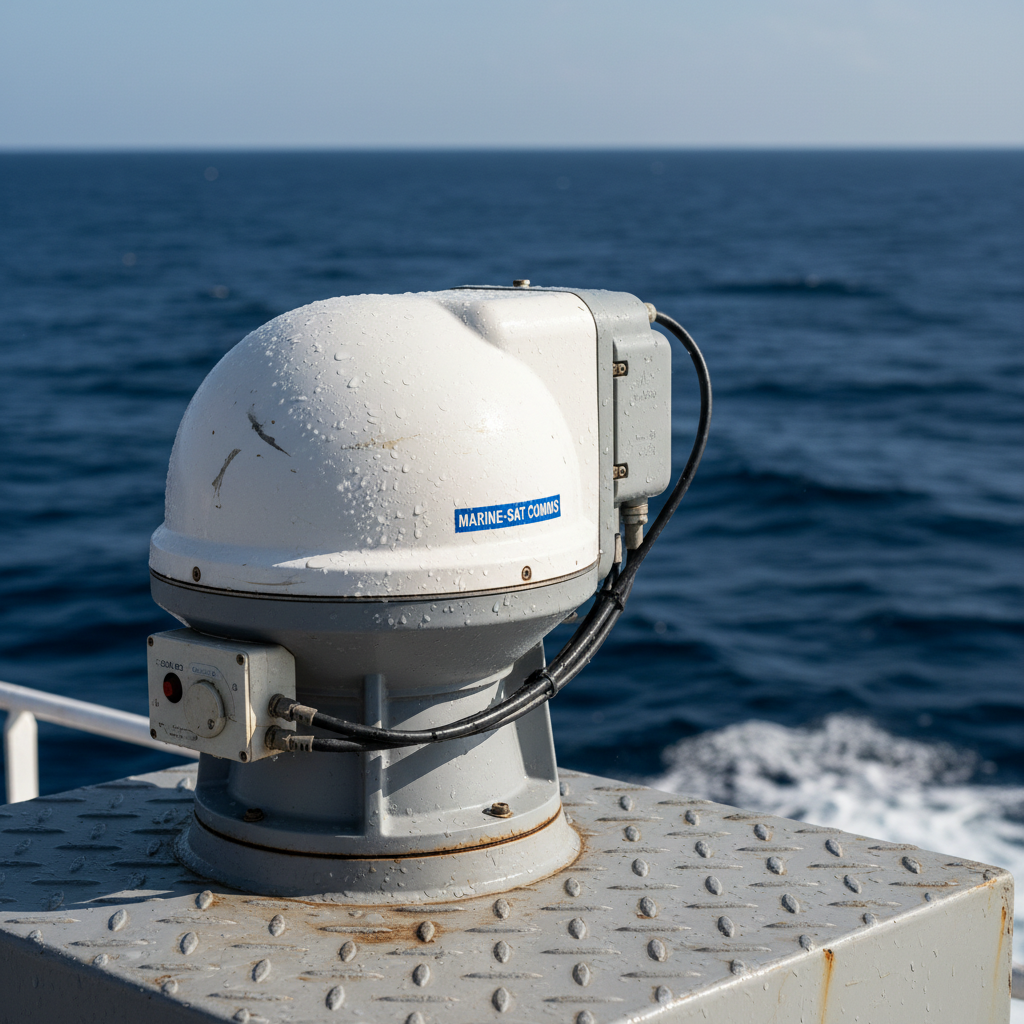 A close up of a satellite tracking device on a ship used as part of a vessel monitoring system in the open ocean.