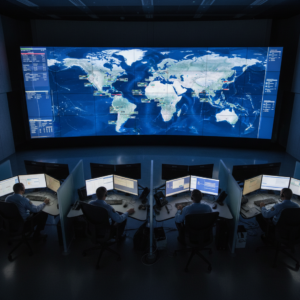 Operators in a control room monitor global ship traffic using a vessel monitoring system on large digital screens.