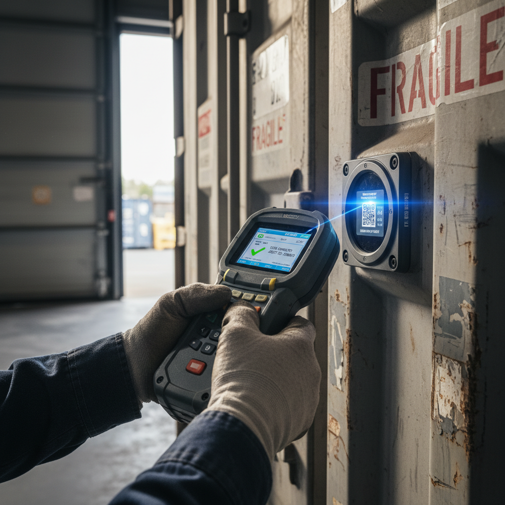 Close up of a technician using a mobile scanner for warehouse asset tracking on a metal container in a storage area.