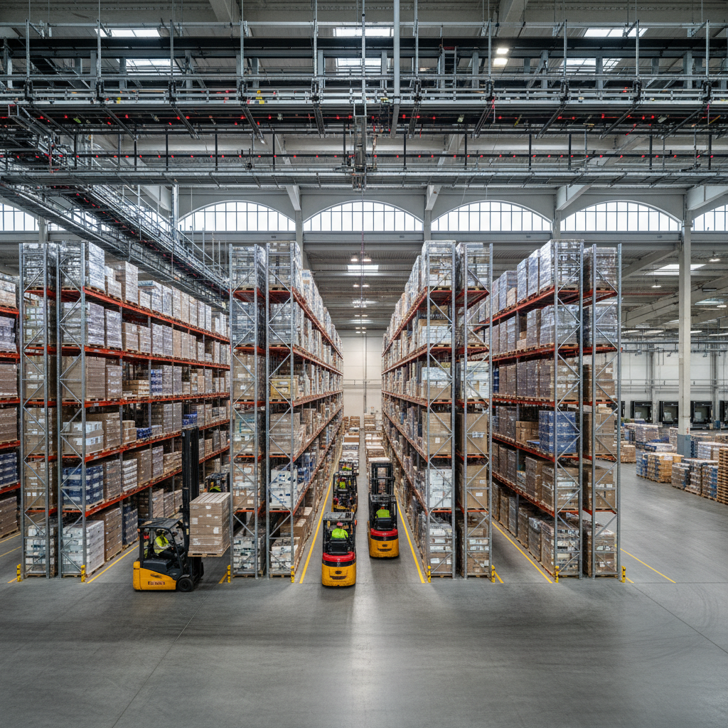 Wide view of a large industrial building with workers and shelves showing warehouse asset tracking in a modern facility.