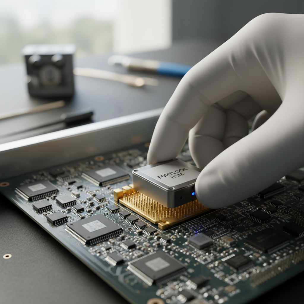 Close up of a technician installing a hardware module for a secure end-to-end iot solution on a circuit board.