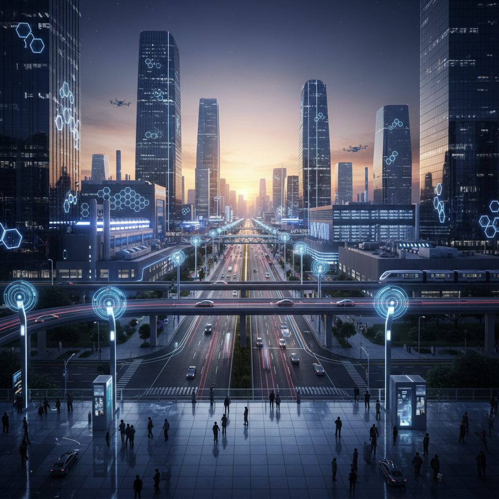 Panoramic view of a smart industrial park showing a secure end-to-end iot solution across urban infrastructure.