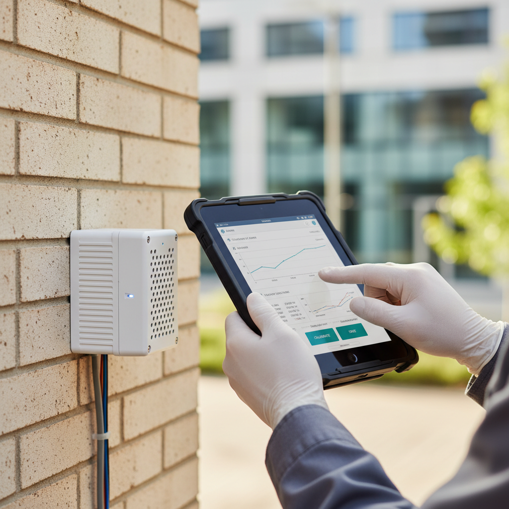 Close up of a technician checking a compact air quality monitoring system sensor with a digital tablet on a sunny day.