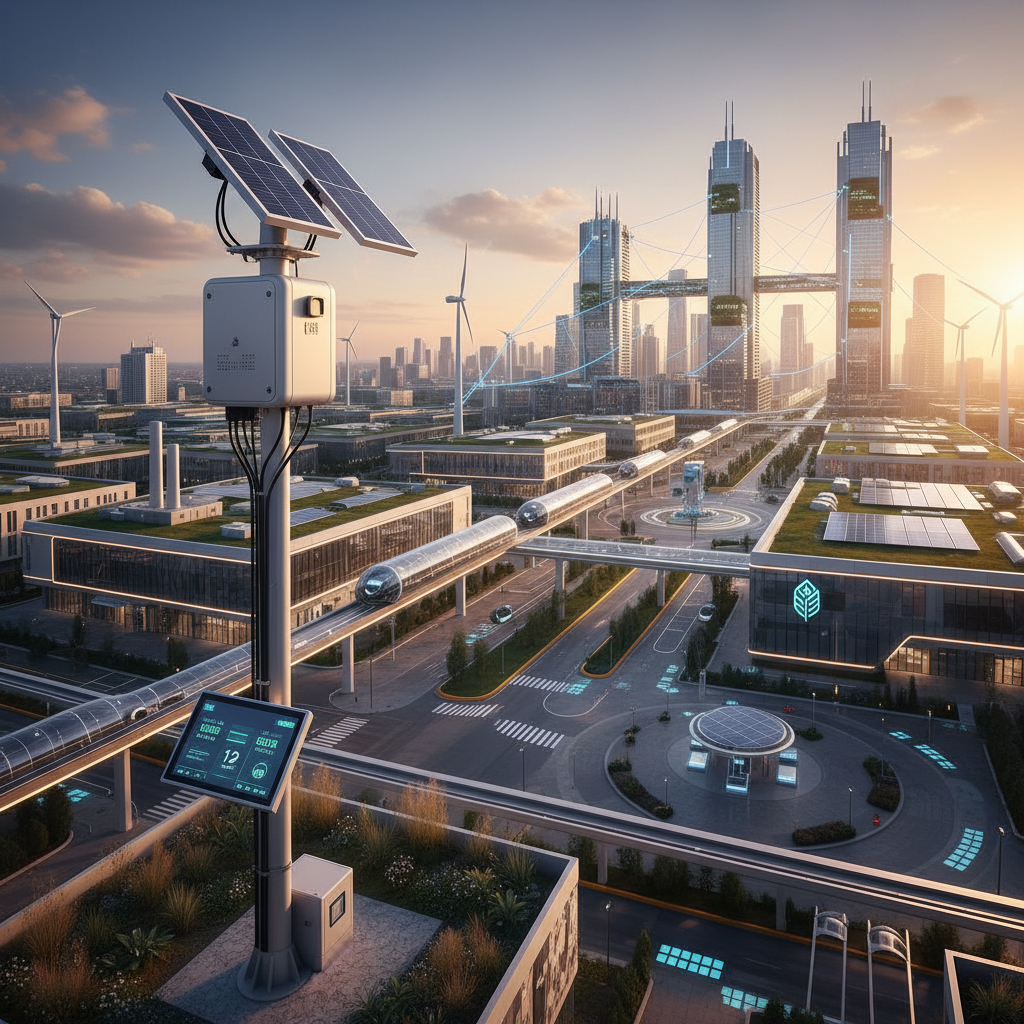 Wide view of a city skyline and industrial zone featuring a professional air quality monitoring system station at sunset.