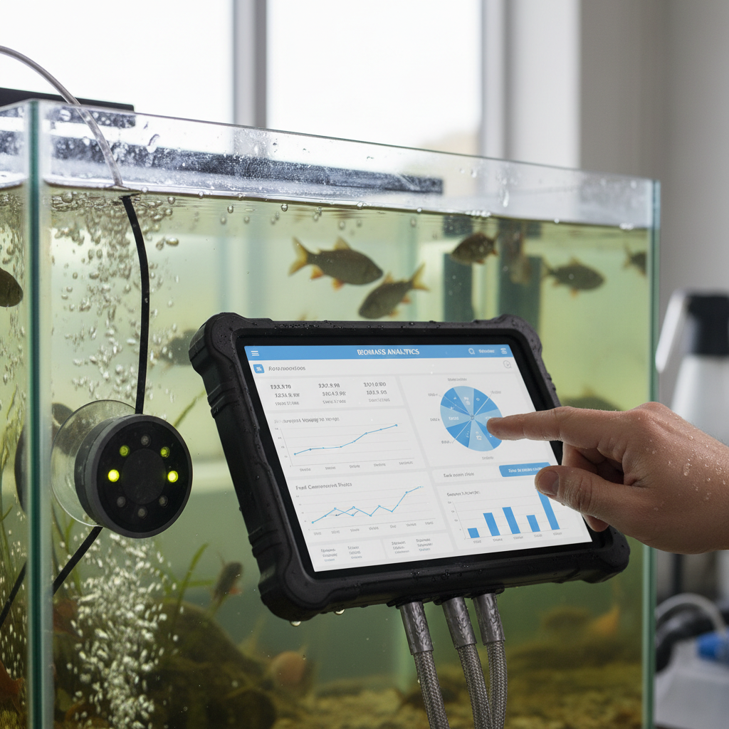 Close up of a technician using a digital tablet to manage aquaculture automation sensors and real time data monitoring.