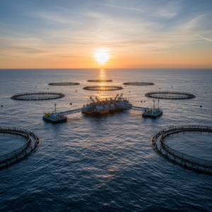 Wide view of circular sea cages and a feeding barge in the ocean demonstrating large scale aquaculture automation systems.
