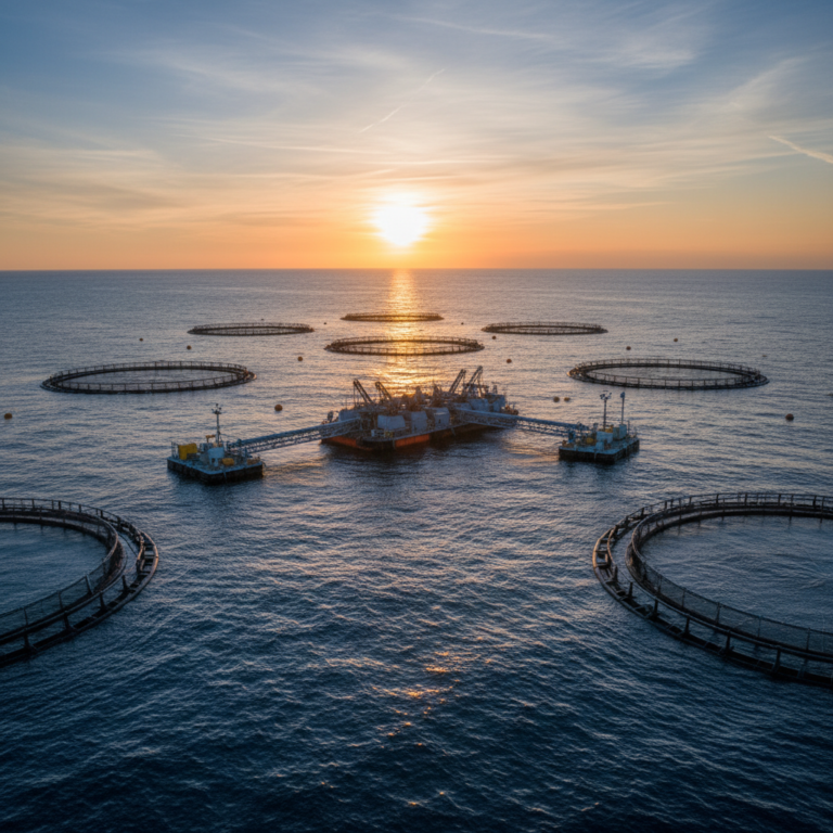 Wide view of circular sea cages and a feeding barge in the ocean demonstrating large scale aquaculture automation systems.