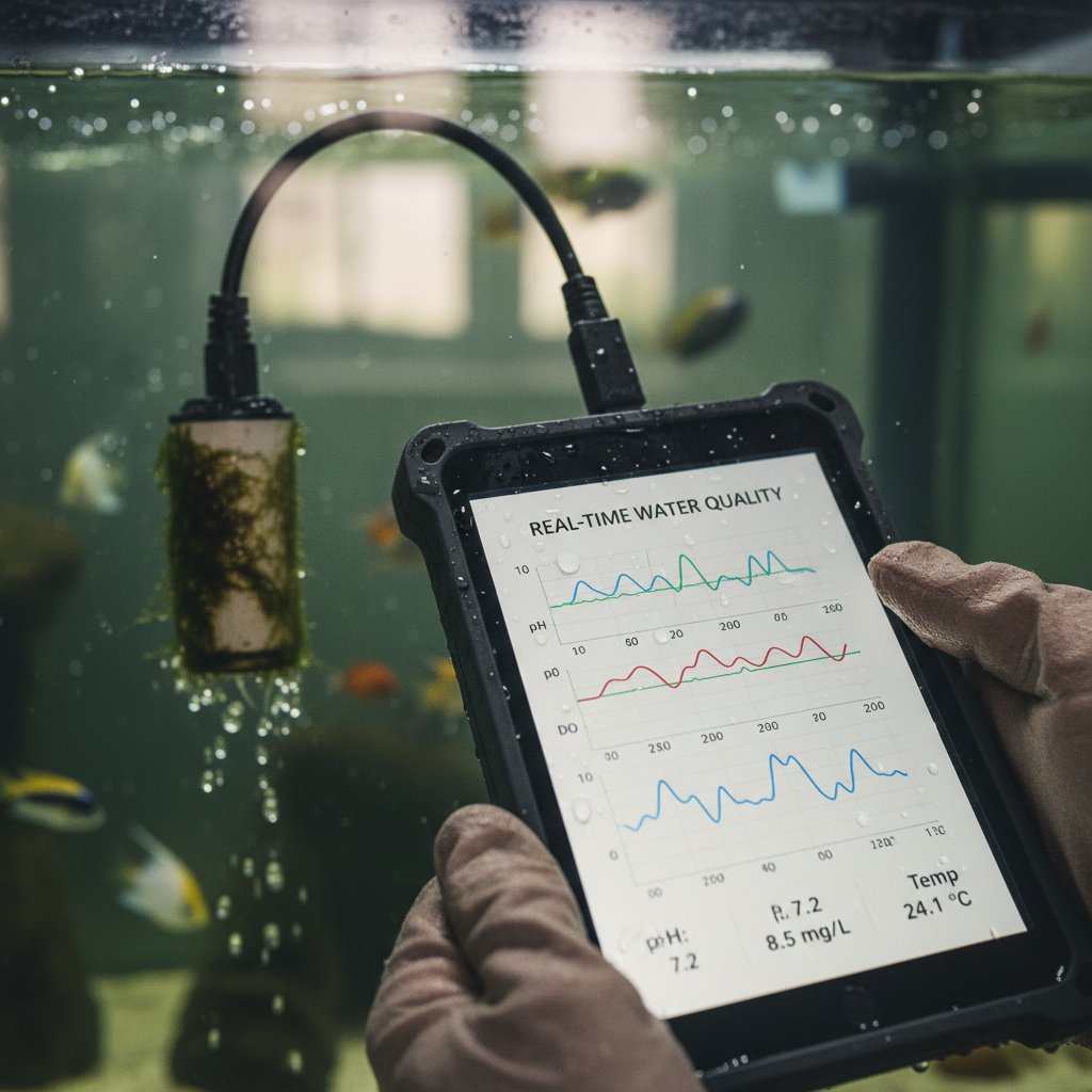Close up of a tablet displaying analytics for aquaculture data management next to professional water sensors.
