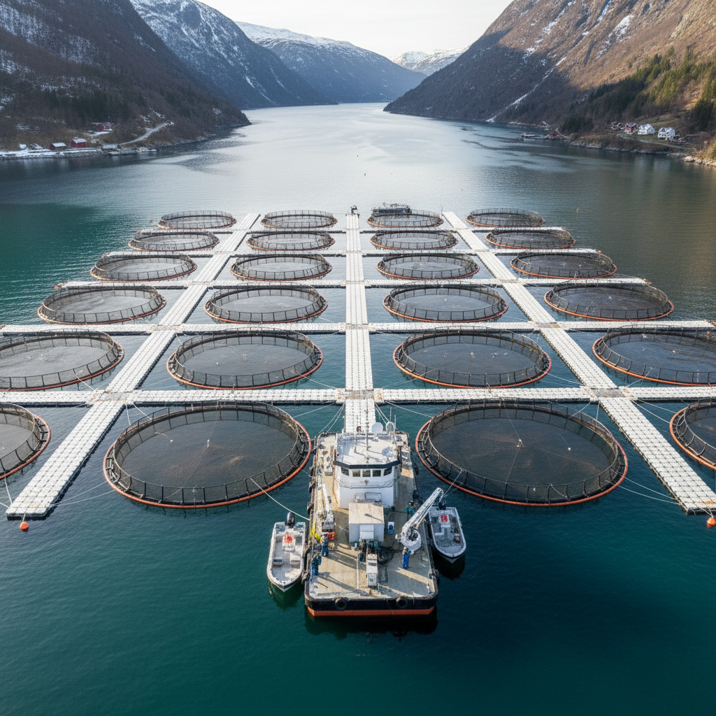 Aerial view of a large fish farm showing sea cages and tech stations for aquaculture data management in a fjord.