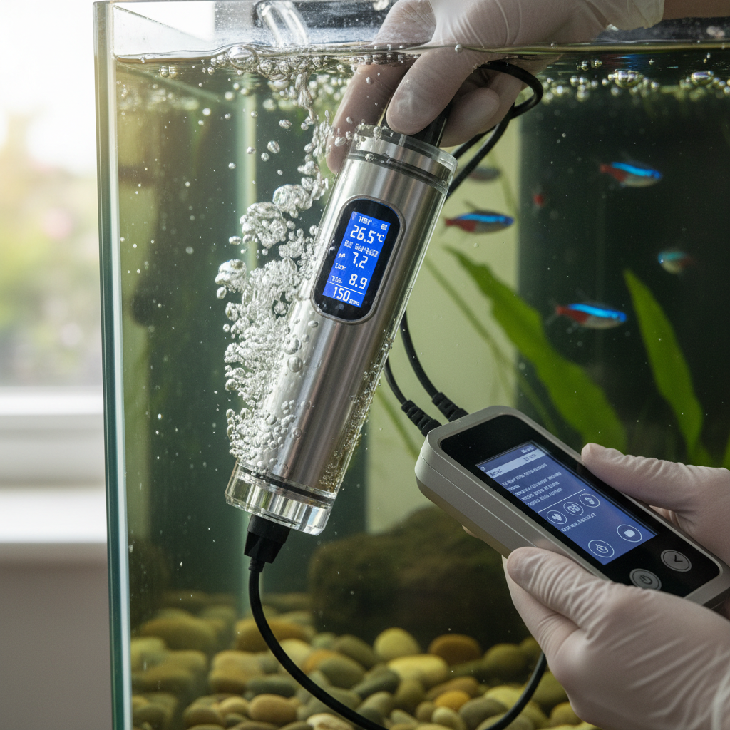 Close up of a water quality sensor probe used for aquaculture environmental monitoring in a professional facility.