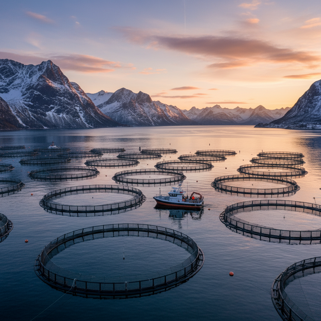 Wide view of circular sea pens in a fjord during aquaculture environmental monitoring at a large scale fish farm.