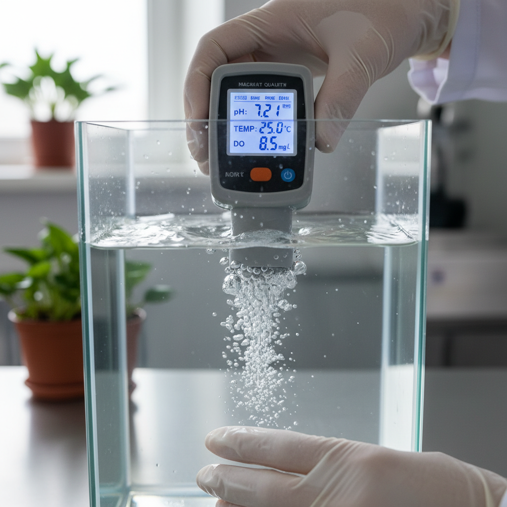 Close up of a technician using a digital sensor for aquaculture productivity improvement via precise water quality monitoring.