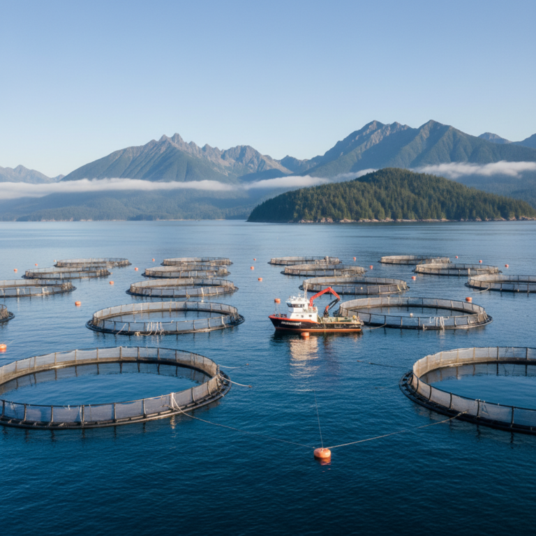 Wide aerial view of circular sea cages and a support ship showing aquaculture productivity improvement in open waters.