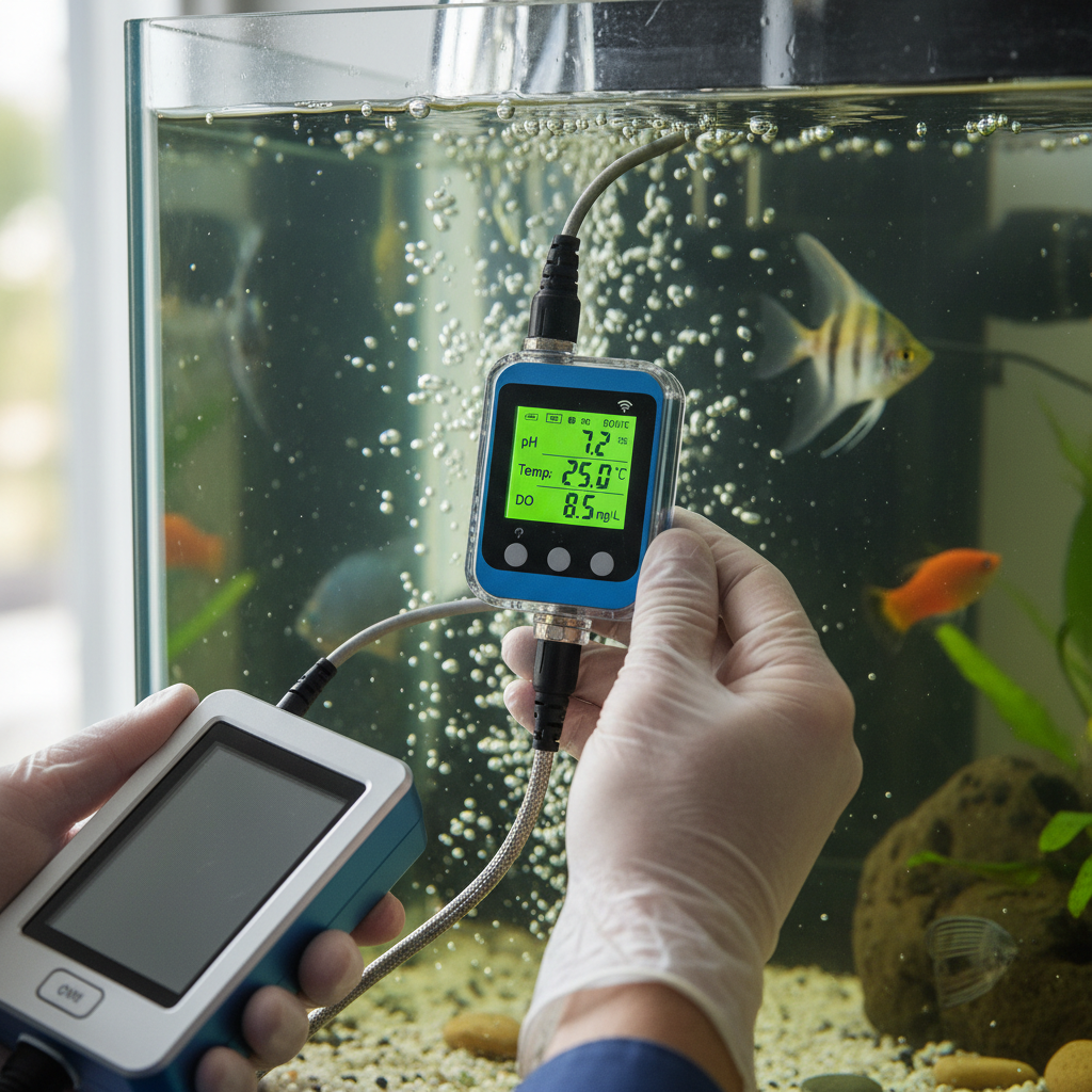 Technical close up of a water quality sensor used for precise monitoring in an aquaculture risk management strategy.