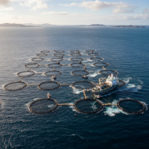 Wide aerial view of offshore sea cages and a support ship demonstrating large scale aquaculture risk management systems.