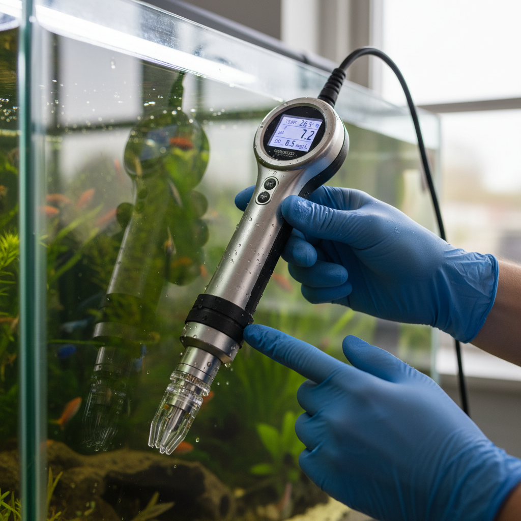 Close up of a technician holding a water quality probe part of advanced aquaculture sensor systems.