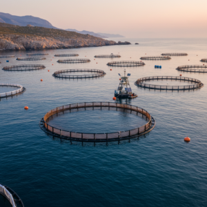 Wide view of floating ocean fish pens and monitoring buoys using aquaculture sensor systems at dawn.