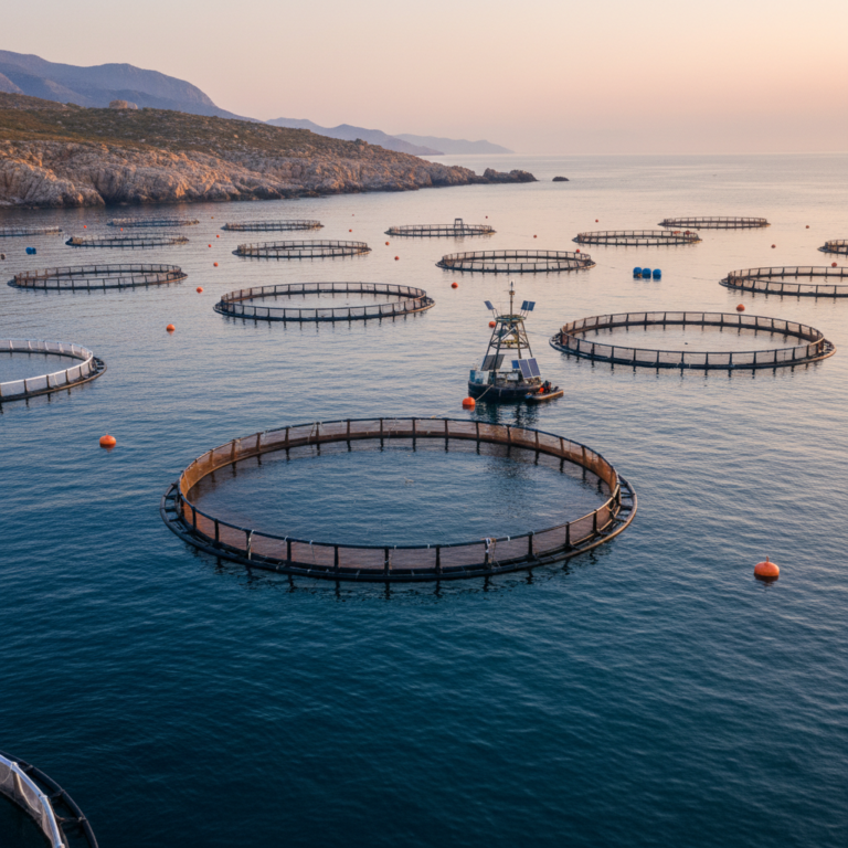 Wide view of floating ocean fish pens and monitoring buoys using aquaculture sensor systems at dawn.