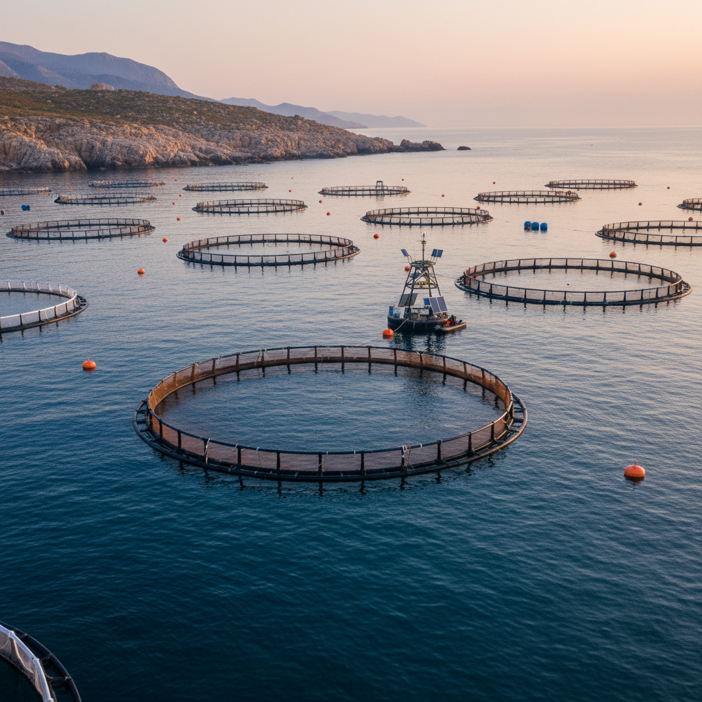 Wide view of floating ocean fish pens and monitoring buoys using aquaculture sensor systems at dawn.