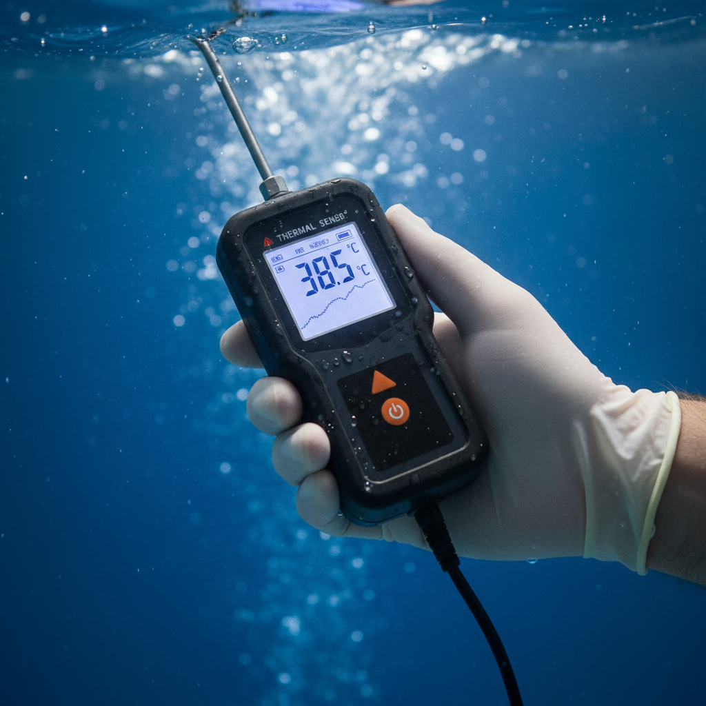 Close up of a technician using a digital sensor for aquaculture temperature monitoring in a clear blue water tank.