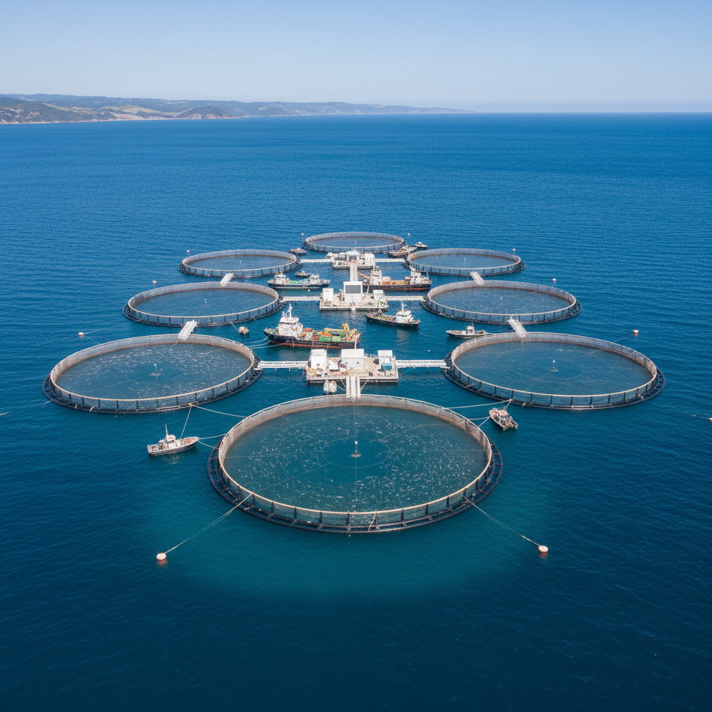 Aerial view of a large ocean fish farm showing circular pens for aquaculture temperature monitoring and production scale.