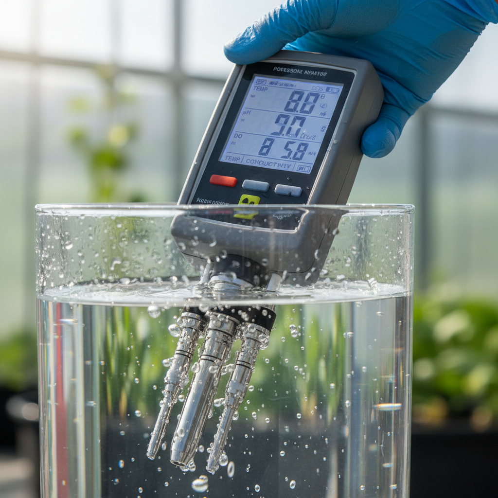 Close up of a technician using a digital sensor probe for aquaculture water quality monitoring in clear water.