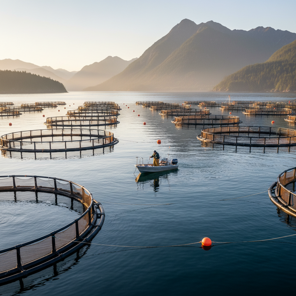 Wide shot of a coastal fish farm with floating pens for aquaculture water quality monitoring in natural morning light.