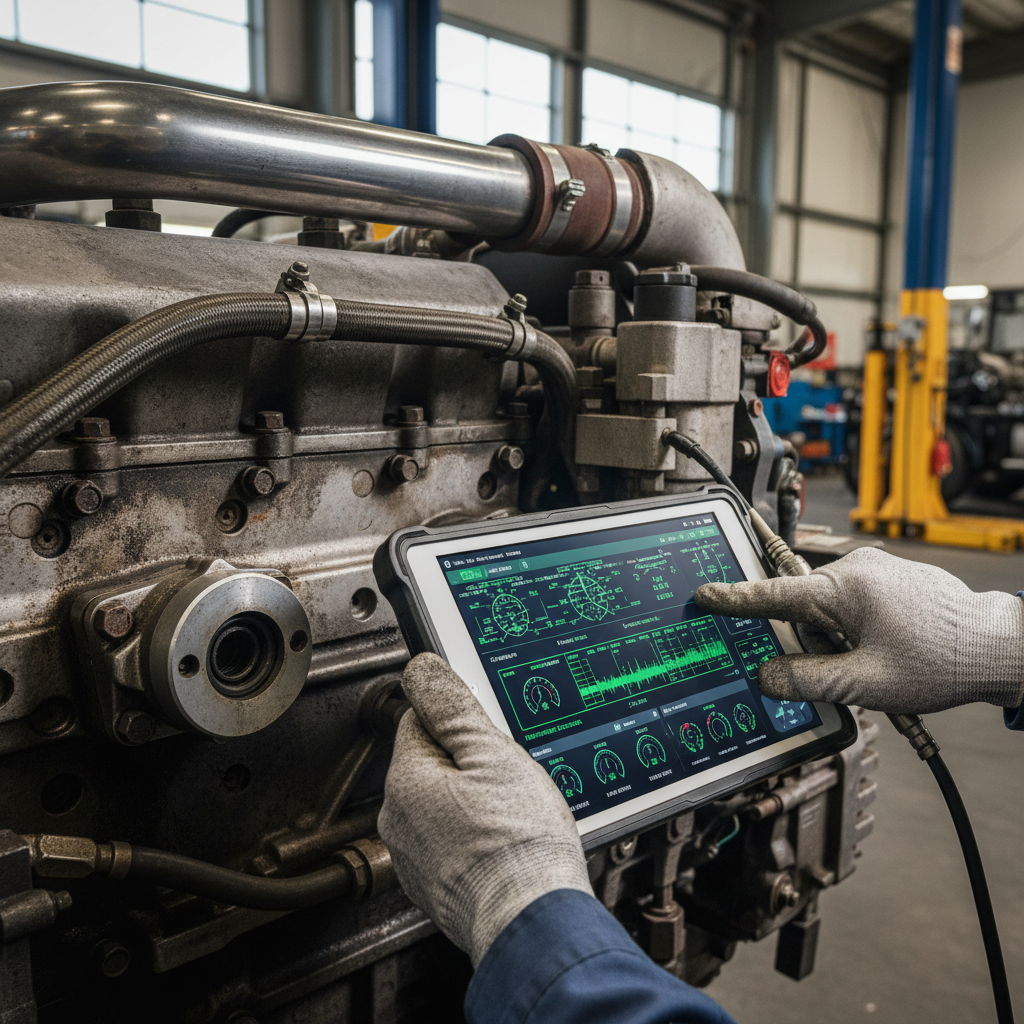 Close up of a technician using asset management software for transportation to inspect a heavy vehicle engine on a tablet.