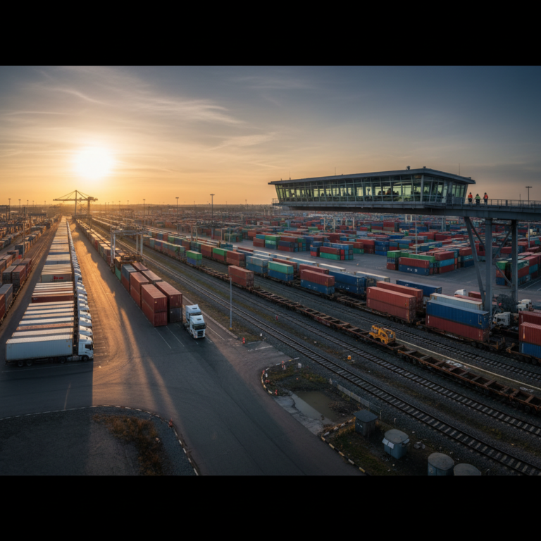 Logistics hub with trucks and trains showcasing asset management software for transportation in a wide industrial setting.