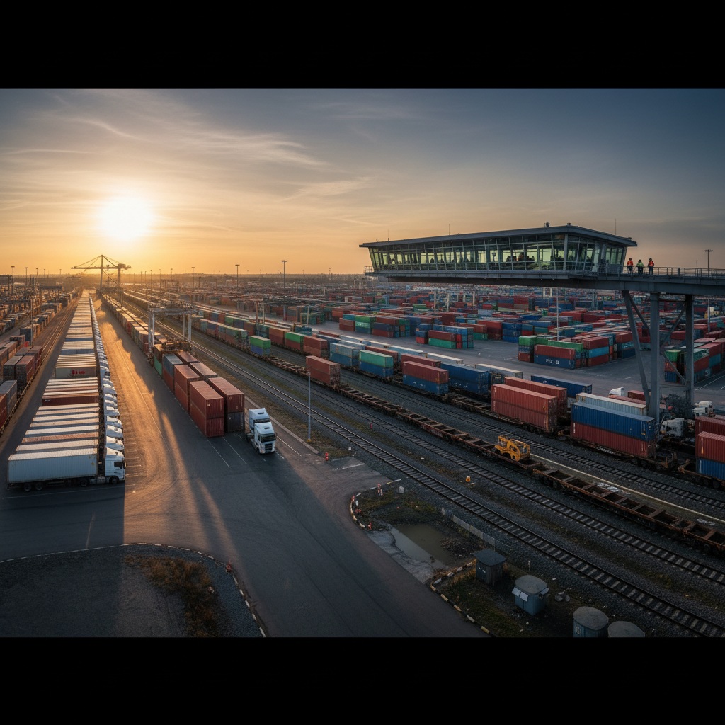 Logistics hub with trucks and trains showcasing asset management software for transportation in a wide industrial setting.