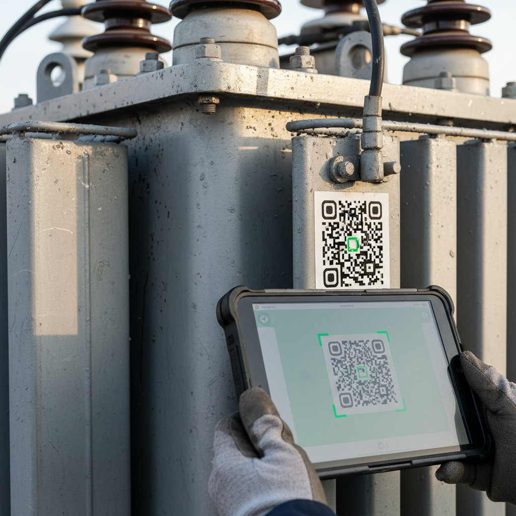 Technician using a digital tablet for asset monitoring and control on a large industrial power transformer unit.